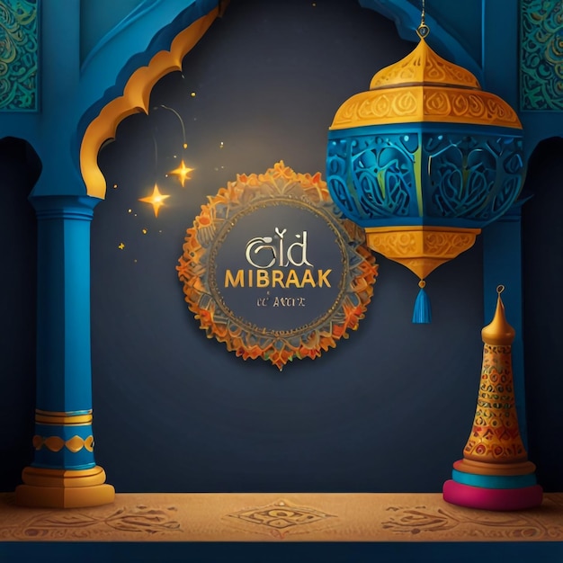 Photo eid mubarak colorful greeting template blue paper and colorful mandala with ramadam lantarn