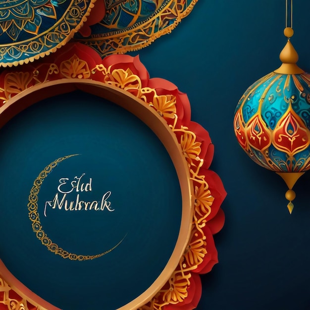 Eid mubarak colorful greeting template blue paper and colorful mandala with ramadam lantarn