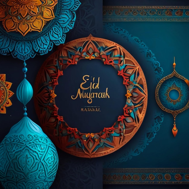 Eid mubarak colorful greeting template blue paper and colorful mandala with ramadam lantarn