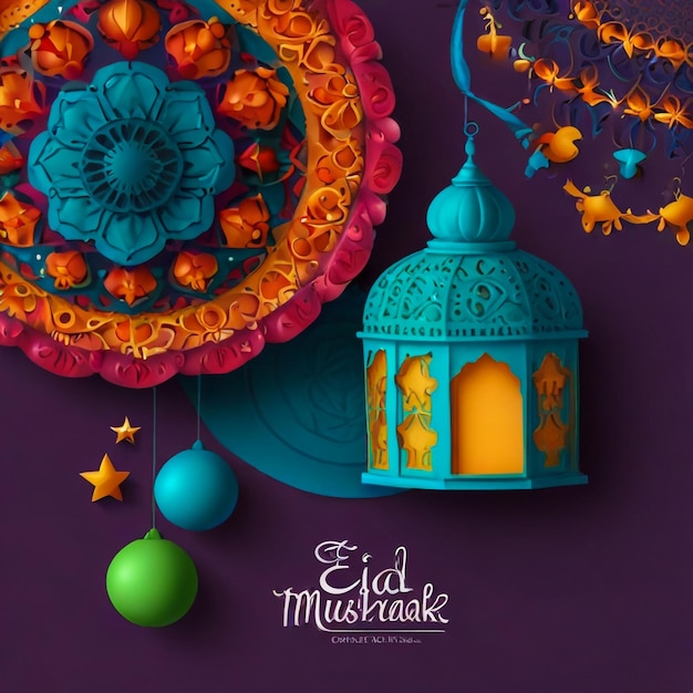 Photo eid mubarak colorful greeting template blue paper and colorful mandala with ramadam lantarn