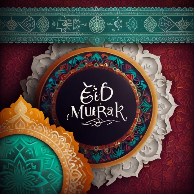 Eid mubarak colorful greeting template white paper and colorful mandala with ramadam lantarn