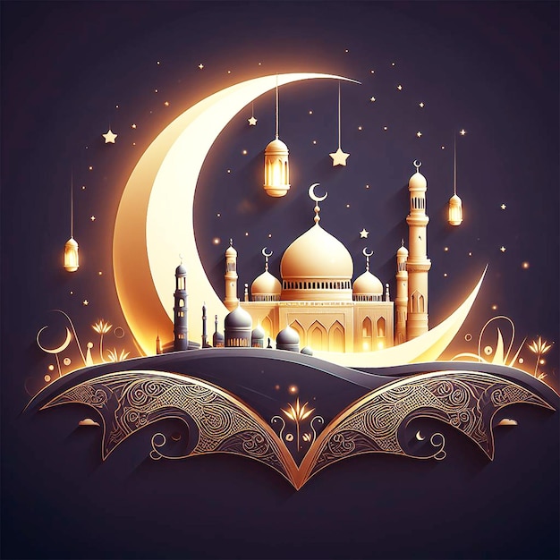 Eid mubarak creative moon and mosque card background