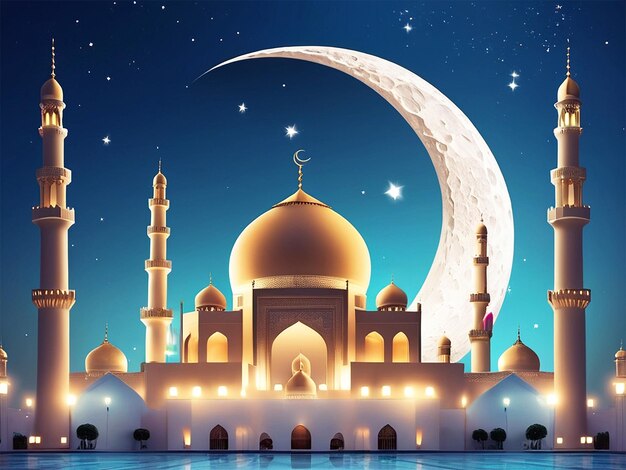 Eid mubarak creative moon and mosque card background