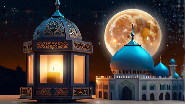 Eid Mubarak of Eid al fitr 3D lantern and mosque with 3d moon with night beautiful Background