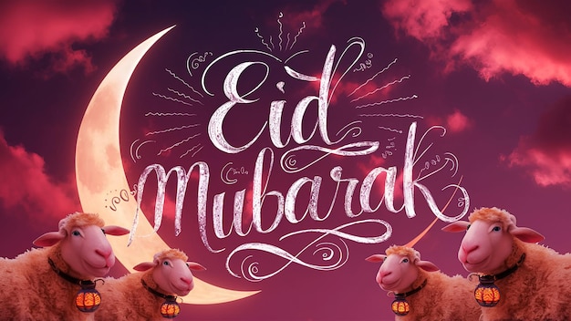 Eid Mubarak elegantly written amidst a scene of whimsical sheep a crescent moon and intricately patterned lanterns