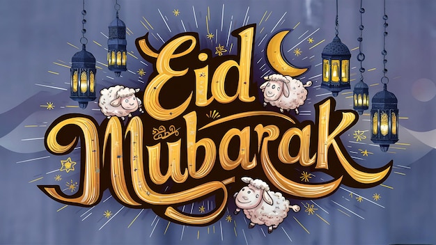 Eid Mubarak elegantly written amidst a scene of whimsical sheep a crescent moon and intricately patterned lanterns