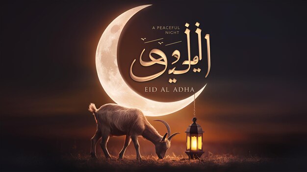 Eid Mubarak elegantly written amidst a scene of whimsical sheep a crescent moon and intricately patterned lanterns