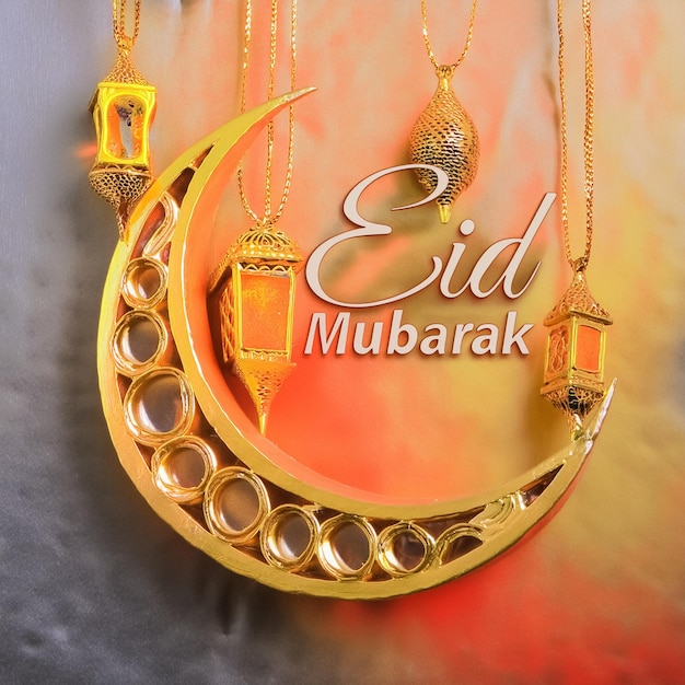 Photo eid mubarak gold half moon in night sky background illustration banner