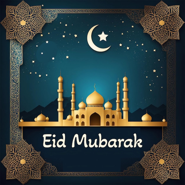 Eid mubarak golden text with beautiful mosque and moon