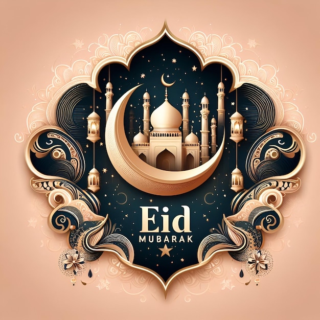 Eid Mubarak greeting Card Illustration ramadan kareem cartoon vector Wishing for Islamic festival f