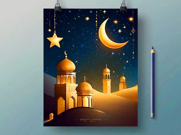 Photo eid mubarak greeting card with a moon and stars islamic poster religion moon star islamic lante