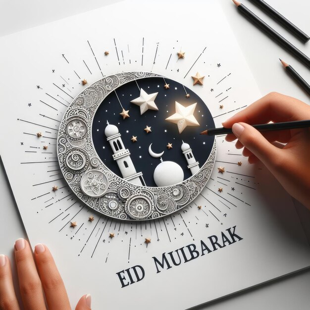 Photo eid mubarak greeting card with a moon and stars on a white background_ai_generated