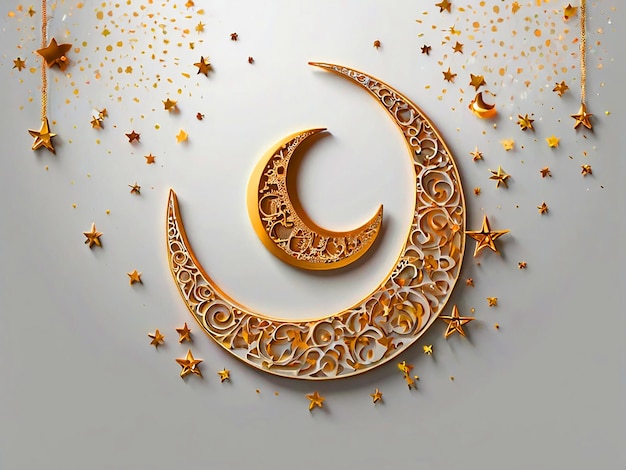 Eid Mubarak greeting card with a moon and stars on a white background