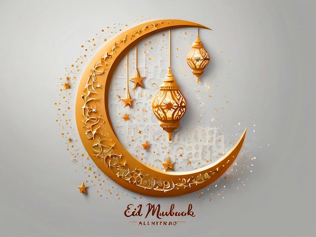 Eid Mubarak greeting card with a moon and stars on a white background