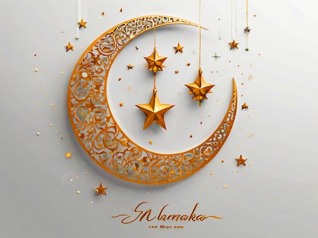 Eid Mubarak greeting card with a moon and stars on a white background