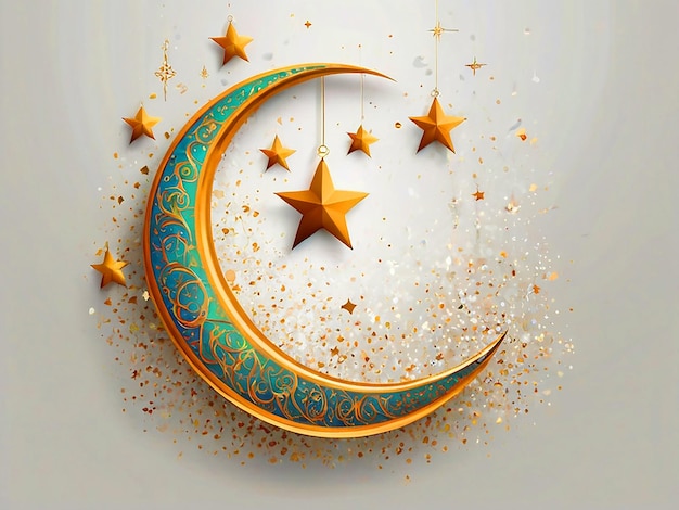 Eid Mubarak greeting card with a moon and stars on a white background