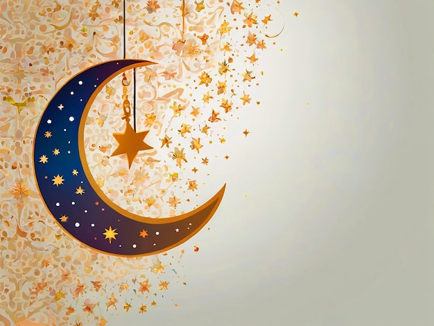 Eid Mubarak greeting card with a moon and stars on a white background