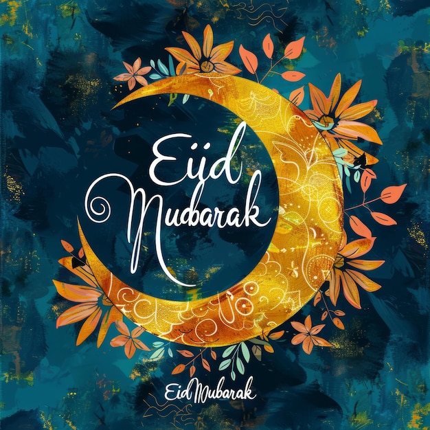 Photo eid mubarak greeting with golden crescent moon and floral design on teal background