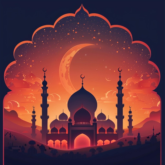 Eid Mubarak Islamic festival postcard design with mosque background