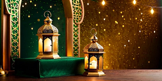 Eid Mubarak Islamic greeting background with lantern on podium crescent moon and mosque dark green