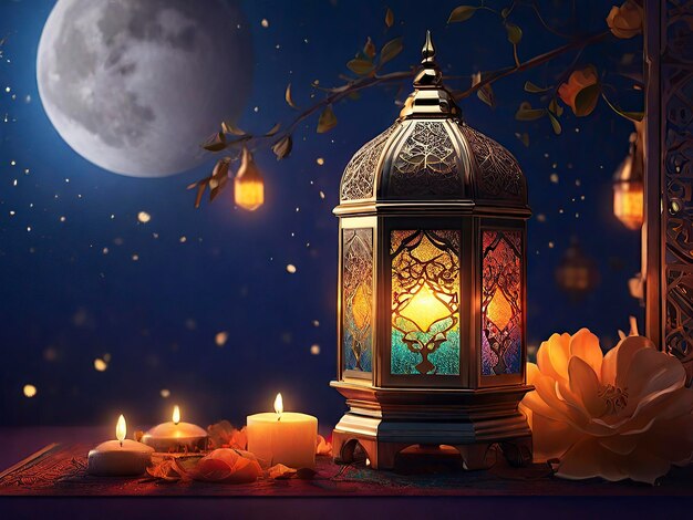 Eid Mubarak Lamp Photo with Stylish Crescent Moonlight and Luminous Glow