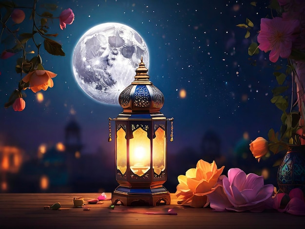 Eid Mubarak Lamp Photo with Stylish Crescent Moonlight and Luminous Glow