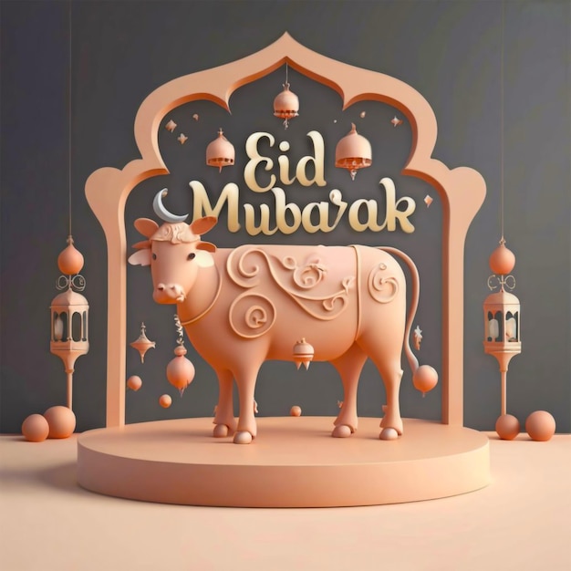 Eid mubarak poster with a cow standing painting