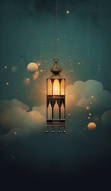 Eid Mubarak Poster with Lantern Moon and Clouds as Background