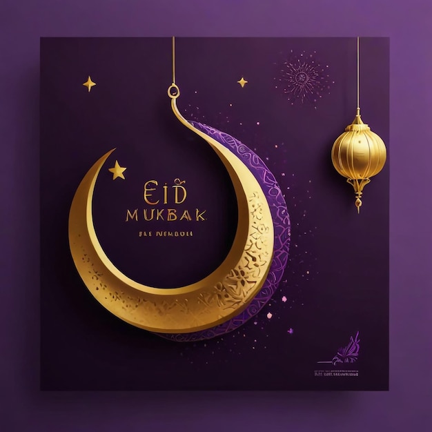 Eid mubarak purple background crescent moon social media post template and banner