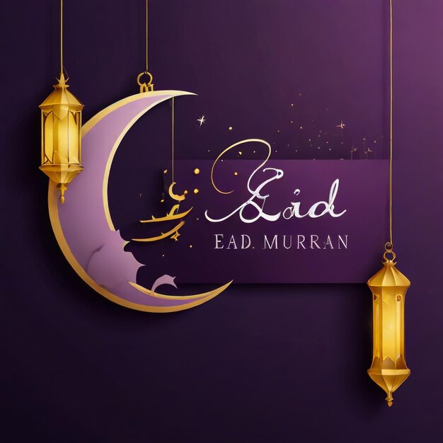 Eid mubarak purple background crescent moon social media post template and banner