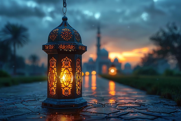 Eid mubarak and ramadan kareem greetings with islamic lantern and mosque Eid al fitr background