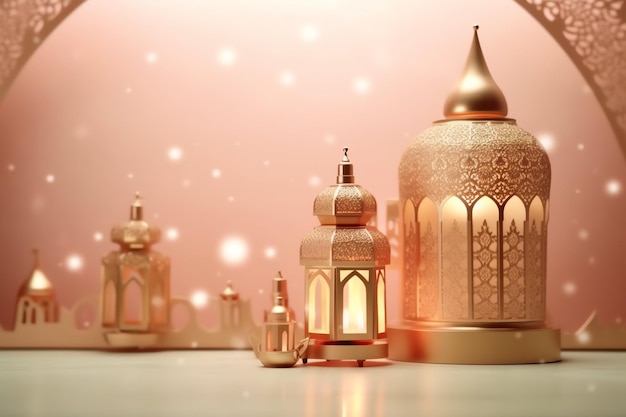 Eid mubarak and ramadan kareem greetings with islamic lantern and mosque Eid al fitr background