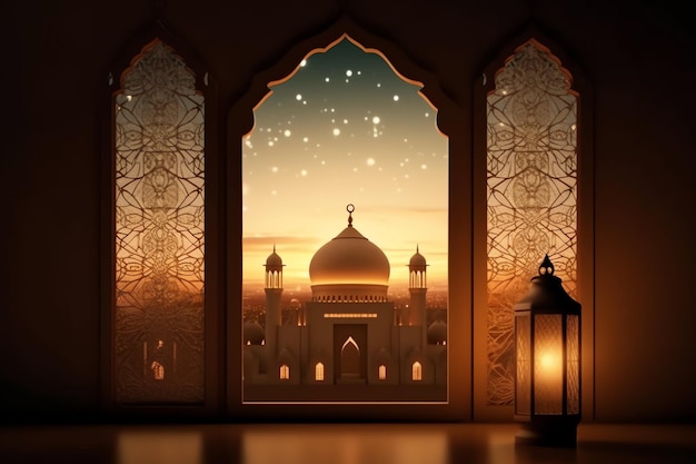 Eid mubarak and ramadan kareem greetings with islamic lantern and mosque Eid al fitr background