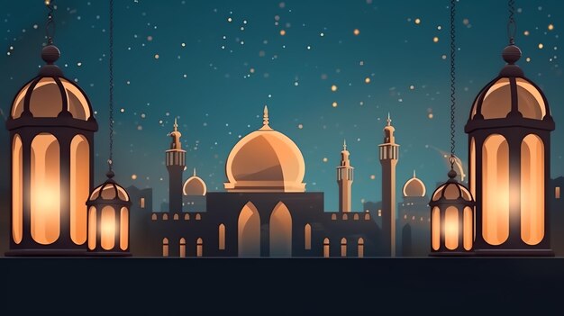 Eid mubarak and ramadan kareem greetings with islamic lantern and mosque Eid al fitr background