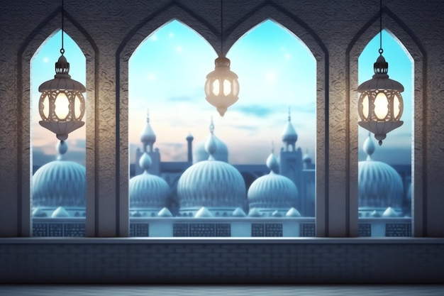 Eid mubarak and ramadan kareem greetings with islamic lantern and mosque Eid al fitr background