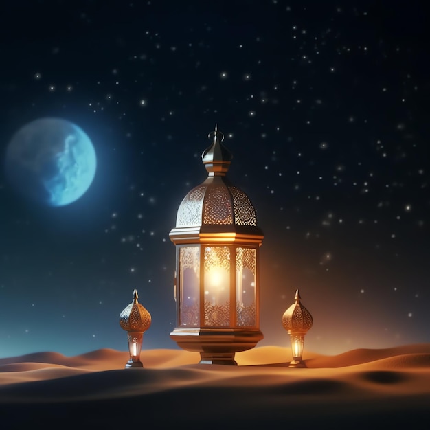 Eid mubarak and ramadan kareem greetings with islamic lantern and mosque Eid al fitr background