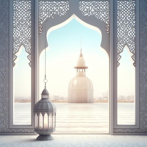 Eid mubarak and ramadan kareem greetings with islamic lantern and mosque Eid al fitr background