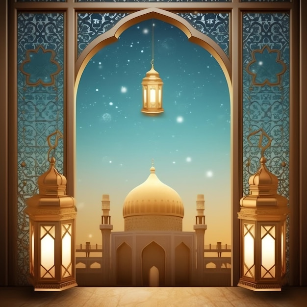 Eid mubarak and ramadan kareem greetings with islamic lantern and mosque Eid al fitr background