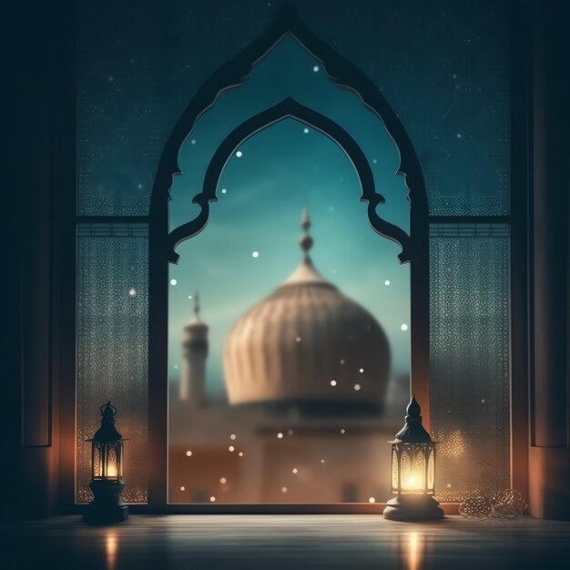 Eid mubarak and ramadan kareem greetings with islamic lantern and mosque Eid al fitr background