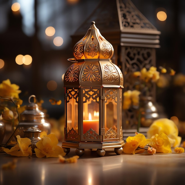 Eid mubarak and ramadan kareem greetings with islamic lantern and mosque Eid al fitr background