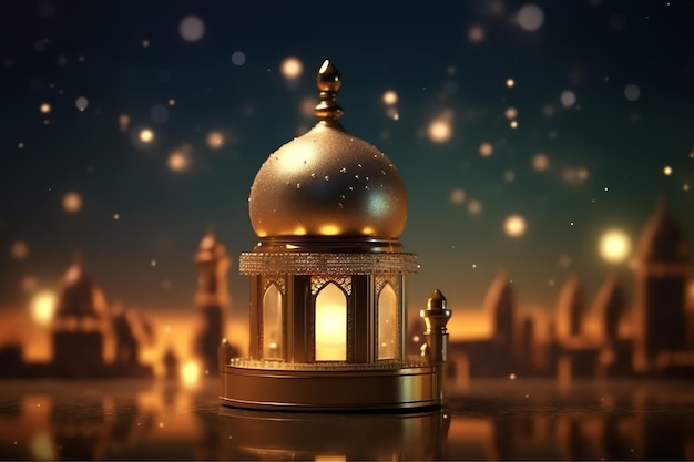 Eid mubarak and ramadan kareem greetings with islamic lantern and mosque Eid al fitr background