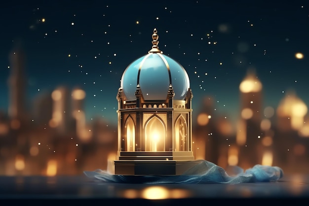 Eid mubarak and ramadan kareem greetings with islamic lantern and mosque Eid al fitr background