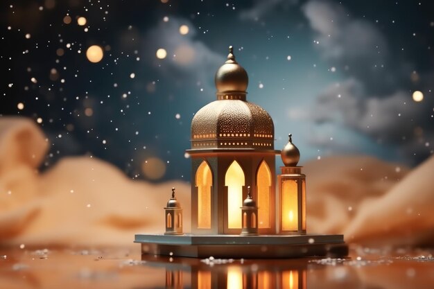 Eid mubarak and ramadan kareem greetings with islamic lantern and mosque Eid al fitr background