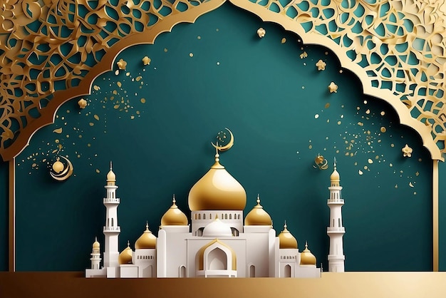 Eid Mubarak simple elegant and luxury with a mosque gold and 3d Islamic background Ai generative