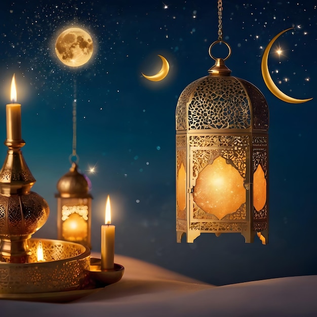 Eid MubarakBeautiful moon and lanterns design for Ramadan Kareem stock illustration 8k