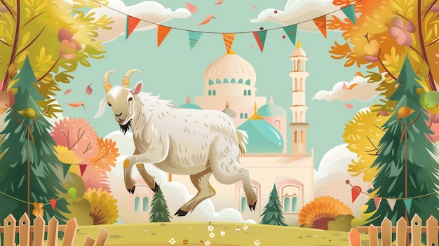 Eid Qurban festival scene featuring a goat enjoying a run surrounded by trees buntings a beautiful mosque and fluffy clouds against a clear sky