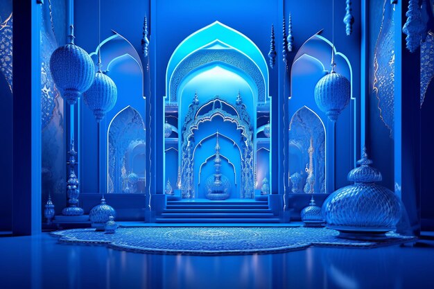 Eid and Ramadan blue and gold poster with a mosque Generative AI