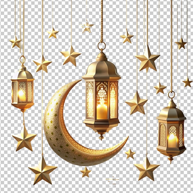 Eid and Ramadan lantern or moon stars on transparent background