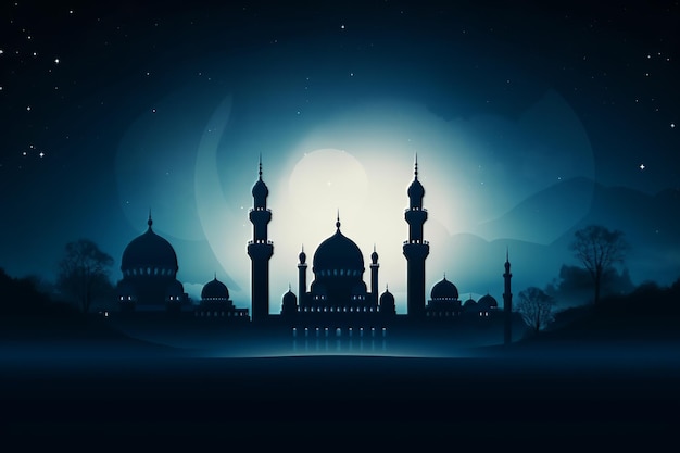 Eid and Ramadan night scene with a mosque and moon in the background Generative AI