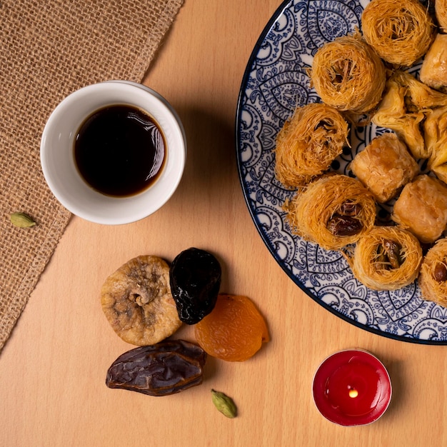 Eid and Ramadan set with Arabian coffee and sweets top view